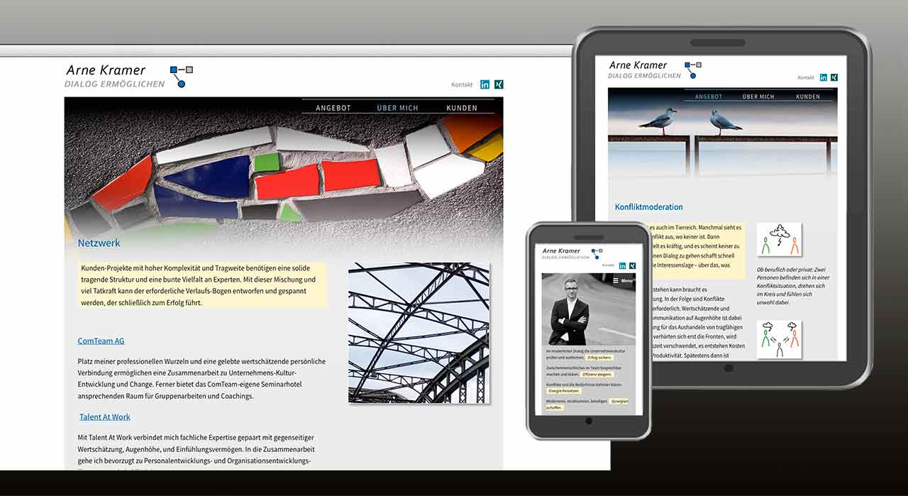 Die Programmierung von www.arnekramer.de ist "responsive" aufgebaut mit unterschiedlichem Design für PC, Tablet und Smartphone.